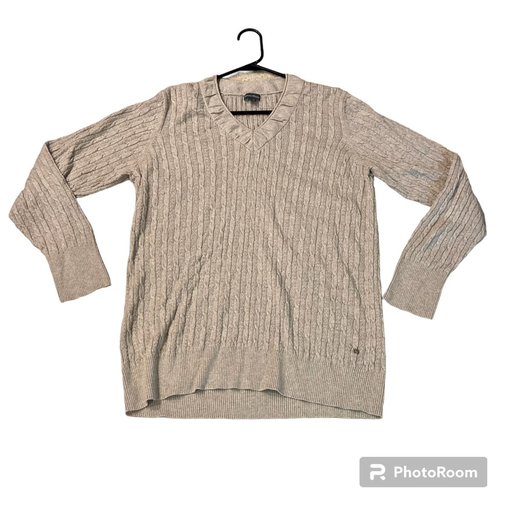 Eddie Bauer Women’s Ribbed V-Neck Knit Sweater Cream Beige Cotton Blend Size 2XL